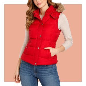Zara TRF Red Puffer Vest with Removable Fur Trimmed Hood Attachment Size M
